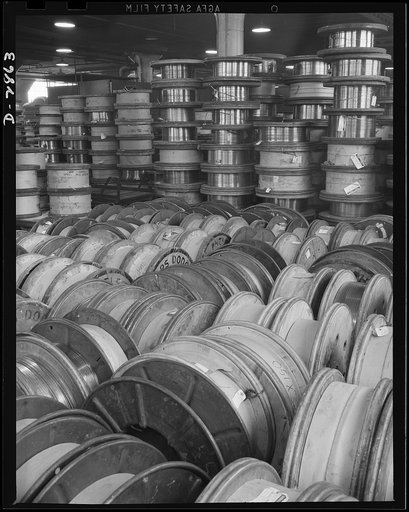 Transformer manufacture. Spools of copper wire used in transformer manufacture. Westinghouse, Sharon, Pennsylvania