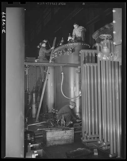 Transformer manufacture. Fitting up outer parts of giant transformers is one of the skilled jobs done by employees of a large Eastern electrical company. The demand for power transformers has increased in proportion to America's ever-increasing war production. Westinghouse, Sharon, Pennsylvania