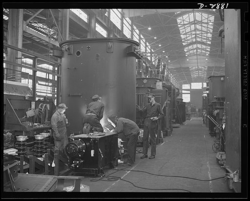 Transformer manufacture. A large Eastern electrical company where huge power transformers, vital to America's war effort, are produced. Power transformers are essential to almost every phase of America's war production program. Westinghouse, Sharon, Pennsylvania