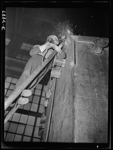 Transformer manufacture. Welding is an intrinsic part of the manufacture of transformers. This welder is employed by a large Eastern electrical company whose power transformers are needed by many factories engaged in war Production. Westinghouse, Sharon, Pennsylvania