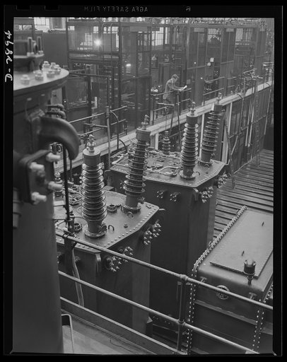 Transformer manufacture. These large transformers are being prepared for testing in a large Eastern plant given over almost entirely to the manufacture of transformers. Transformers are vital to almost every phase of war production. Employed at the plant as electrical testers are nearly 200 graduate