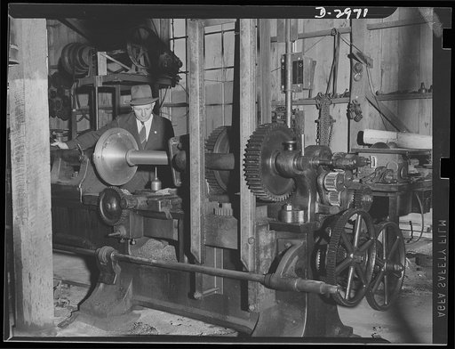 Subcontracting (Braden and Van Fossen Works). A large sixty-inch lathe at the Braden and Van Fossen Works is employed to smooth down pedestals for ships' dining tables. The lathe was recently acquired and refitted to do extra large jobs. Also at the Van Fossen Works, holes are drilled in the pedesta