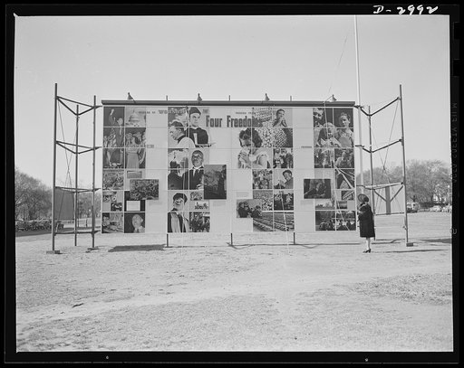 OEM exhibit panel. Office of Emergency Management exhibit panel on display at 14th Street and Pennsylvania Avenue, Washington, D.C., November 1941. The panel was designed by Jean Carlu and executed by the Division of Information, OEM. One side depicted  in a photo-montage, "The Four Freedoms." The o