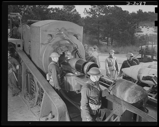 Fort Story coast defense. Soliders of Fort Story, Virginia, load a sixteen-inch howitzer for target practice