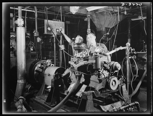 Halftrac scout cars. The dynamometer (power measurer to you) makes an engine prove its right to go to work on one of the Army's new halftrac scout cars. The Midwest manufacturer of this engine produces the complete car. White Motor Company, Cleveland, Ohio