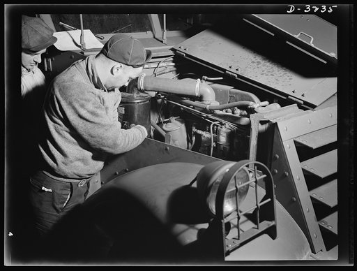 A halftrac scout car must show a clean bill of health before the manufacturer turns it over to the Army. Endless inspections of parts and assemblies are made before final inspection of the complete vehicles. White Motor Company, Cleveland, Ohio