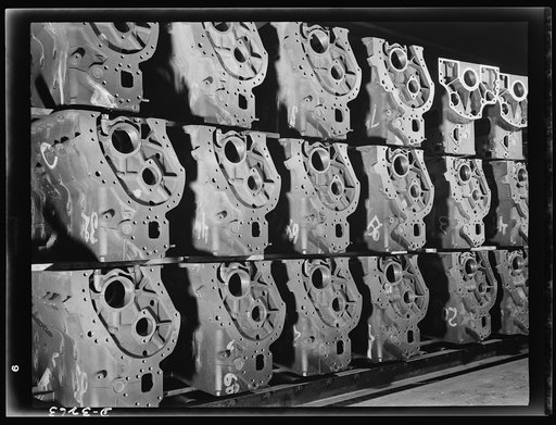 Engine blocks for the Army's new halftrac scout cars. They represent the latest and best thought in automotive foundry and precision machining practice. The large Midwest plant that is turning them out has been making engine blocks for many years for commercial trucks. White Motor Company, Cleveland