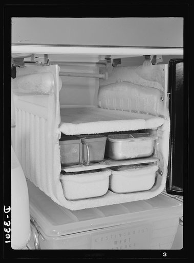Conservation of durable goods. Old Man Winter comes to the refrigerator. This unfortunate freezing compartment is lumbering along day and night, coated with excess frost. Defrost frequently, keep the cold control set at "low" except when freezing ice cream or ice cubes, and keep the frost formation 