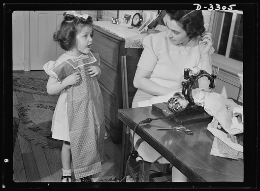 "Can I wear it today?" Attractive playsuits for daughter can be made from that old housedress, the one with the splitting seams, and Junior's first long pants (no cuffs) can emerge from father's old overcoat. With shortages of wool and other materials that are needed by the armed forces, it's wise, 