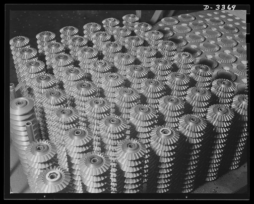 Bofors forty-millimeter mounts. Gears for guns-for-victory. Hundreds of these precision cut gears roll off specially designed gear-cutters daily in the Bofors plant of a large rubber factory. When assembled, they'll be part of the Bofors forty- millimeter anti-aircraft gun mounts and carriages, some