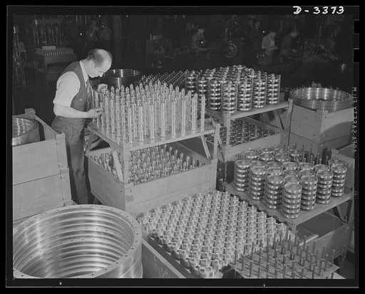Bofors forty-millimeter mounts. Machined to watch-like precision, these hundreds of parts which go into Bofors forty-millimeter anti-aircraft gun mounts and carriages for the U.S. Army must pass the most rigid inspection tests before they can be accepted in the Bofors manufacture. This employee of a