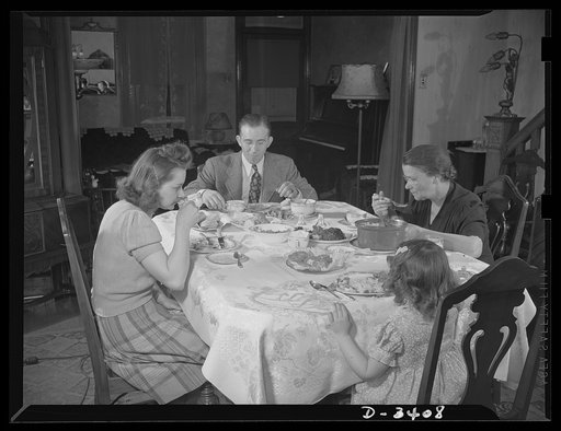 Women at war (Mrs. Smuda). The widowed mother of six grown children, Eva Smuda (right) keeps young with the daughter, son-in-law and grandchild who live with her. The little girl is five-year-old Barbara Bennett, whose father, opposite, works with Mrs. Smuda at the Frankford Arsenal