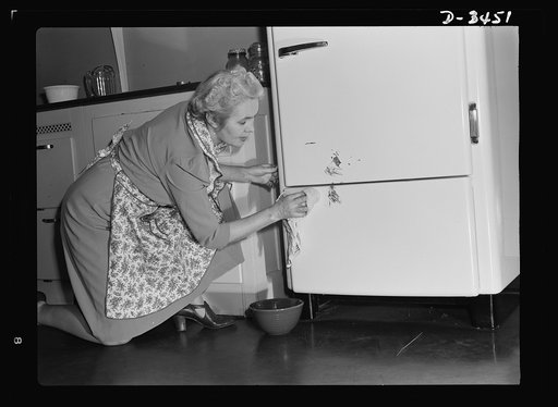 Spilled food should be wiped from a refrigerator as soon as possible. Use a cloth wrung out of warm soapsuds. Never use a steel wool on enameled surfaces