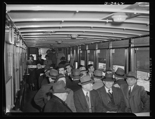 New oversize trailer for war workers. Interior of the new oversize bus trailer, built almost entirely of non-critical material and designed by Office of Defense Transportation and War Production Board (WPB) officials with cooperation of private companies. Containing eighty-seven fixed seats (twenty-