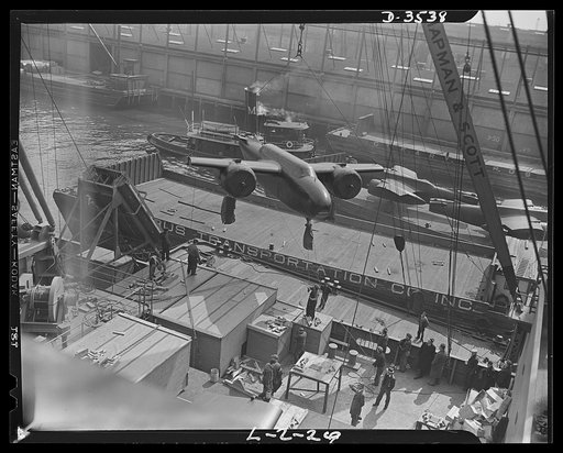Lend-lease shipments from the United States. Loading of heavy bombers on deck of ships