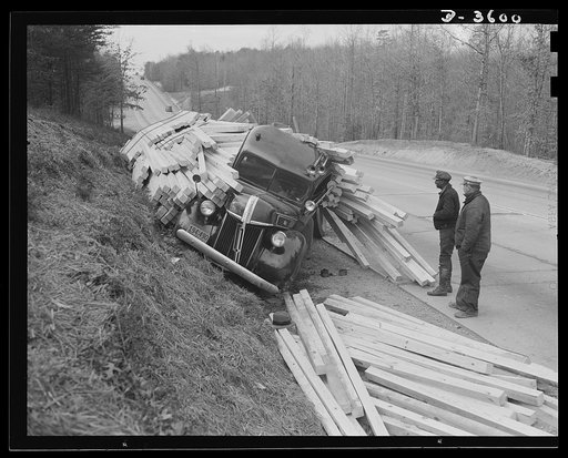 Safety. Hindering war production. The driver fell asleep and, in the process, ruined a good truck, delayed an important lumber shipment, created a dangerous situation on the highway, and nearly cost a number of lives. Such accidents seriously hinder war production