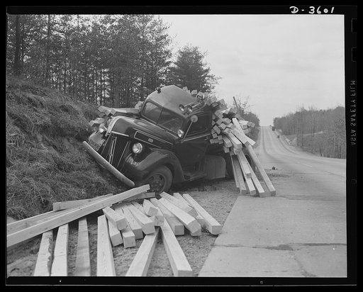 Safety. Hindering war production. The driver fell asleep and, in the process, ruined a good truck, delayed an important lumber shipment, created a dangerous situation on the highway, and nearly cost a number of lives. Such accidents seriously hinder war production