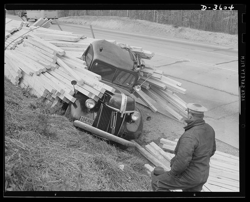 Safety. Hindering war production. The driver fell asleep and, in the process, ruined a good truck, delayed an important lumber shipment, created a dangerous situation on the highway, and nearly cost a number of lives. Such accidents seriously hinder war production