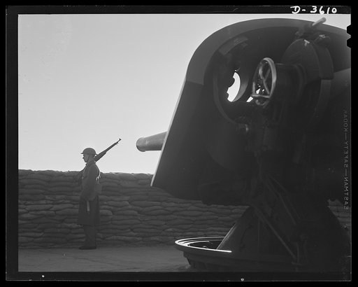 Fort Story coast defense. Guardians of the Atlantic seaboard. Sentry and shore gun at Fort Story, Virginia