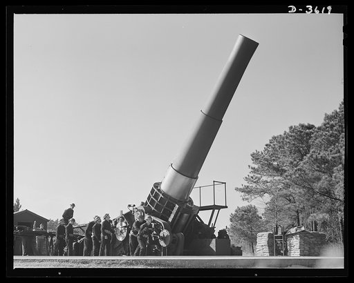Fort Story coast defense. Men and sixteen-inch gun at Fort Story, Virginia prepare to resist Axis agression