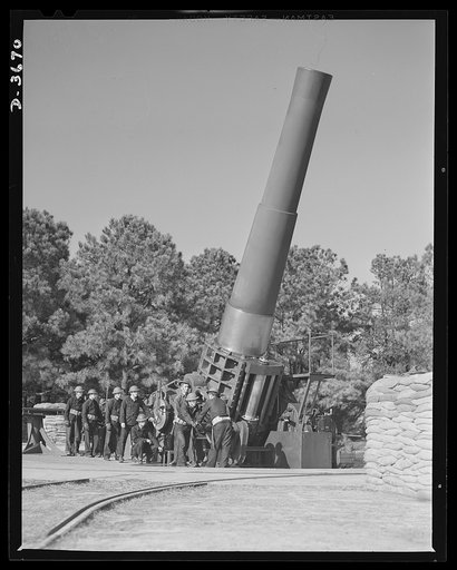 Fort Story coast defense. Men and sixteen-inch gun at Fort Story, Virginia prepare to resist Axis aggression