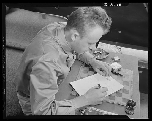 Mrs. Smuda's son. "Dear Mom..." Private Smuda writes to his mother from army camp. She's a member of that great army of American women who work just as hard for victory over the Axis as their sons on the front lines. Mrs. Smuda's particular job is tapering cartridge cases at the Frankford, Pennsylva