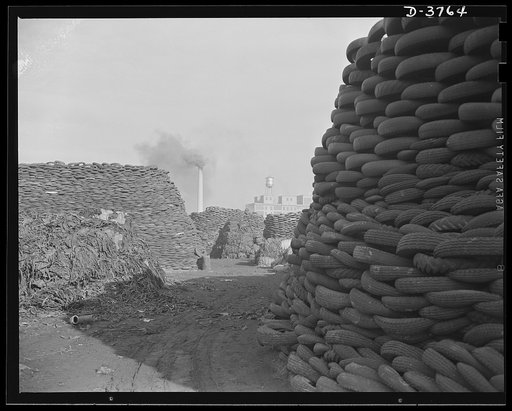 Rubber reclamation. Scrap tires mobilized for Victory. Millions of discarded casings cover more than 100 acres at one Midwest recovery plant. Systematic piling and sectional arrangement reduce fire hazard. Special processes will separate metal from the tires and tube bodies. The reclaimed material w