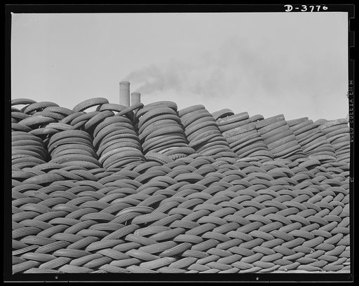 Rubber reclamation. Scrap tires mobilized for Victory. Millions of discarded casings cover more than 100 acres at one Midwest recovery plant. Systematic piling and sectional arrangement reduce fire hazard. Special processes will separate metal from the tires and tube bodies. The reclaimed material w