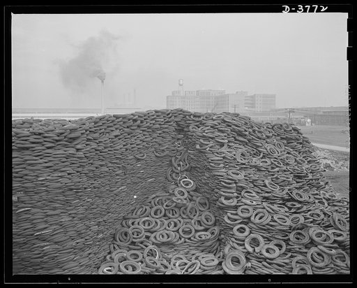 Rubber reclamation. Scrap tires mobilized for Victory. Millions of discarded casings cover more than 100 acres at one Midwest recovery plant. Systematic piling and sectional arrangement reduce fire hazard. Special processes will separate metal from the tires and tube bodies. The reclaimed material w