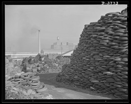 Rubber reclamation. Scrap tires mobilized for Victory. Millions of discarded casings cover more than 100 acres at one Midwest recovery plant. Systematic piling and sectional arrangement reduce fire hazard. Special processes will separate metal from the tires and tube bodies. The reclaimed material w