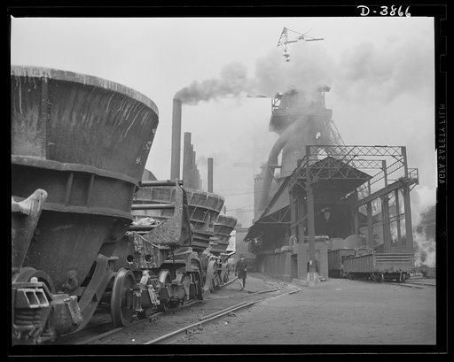 Steel production. Iron for America's war industries. Trains of cinder ladles that serve the brick furnaces are kept busy in these days of all-out war production. Republic, Youngstonw