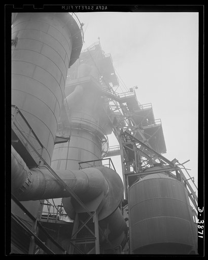 Steel production. Iron production scene. The blast furnaces are going as never before as a giant industry bends every energy to give greater volume for victory. Republic, Youngstown