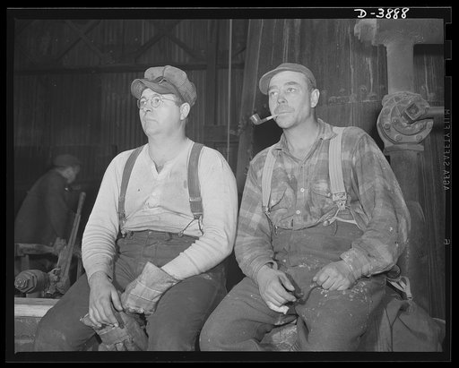 Steel production. The workers behind the steel industry's war production drive. Open hearth furnace men deserve the rest given them while the furnace is being charged. Republic, Youngstown