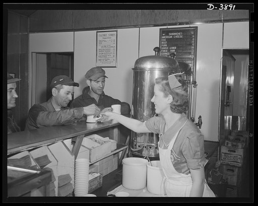 Steel production. Hot coffee for steel workers. A waitress serves employees of a big Eastern plant in the company restaurant. Republic, Youngstown