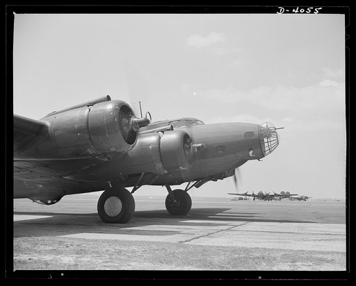 YB-17 bombardment squadron, Langley, Virginia. A mighty YB-17 four-engine bomber taxiing down a runway at Langley, Virginia, just before taking off on a mission