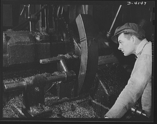 Production. Marine boilers. Cutting large billets on a circular cold saw. The pieces are for use in the forging plant of a large Midwest plant producing heavy hydraulic fittings for the Army