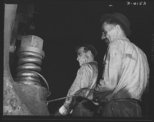 Production. Marine boilers. Forging a large valve in a Midwest plant now producing equipment for the Army. The valve will be used by a chemical company making war essentials