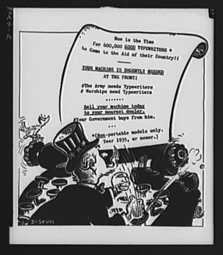 Forty-two keys to victory. One of America's foremost cartoonists comes through with a poster for the Office of War Information's (OWI) typewriter campaign as Dr. Seuss's typin' and Uncle Sam sounds the call for your typewriter