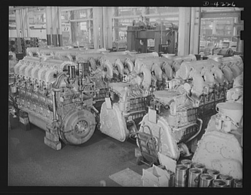 Production. Diesel engines. Diesel engines for the Navy await dynamometer at a Midwest plant