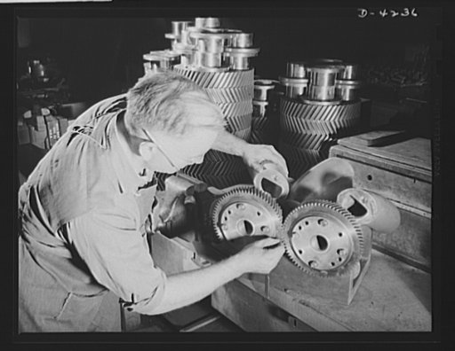 Production. Diesel engines. Blower gears that will be assembled into diesel engines for the Navy are carefully matched in a Midwest manufacturing plant