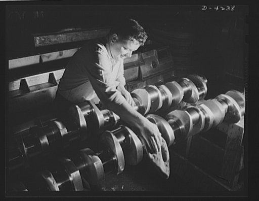 Production. Diesel engines. Crankshafts are prepared for assembly into diesel engines being made for the Navy at a Midwest manufacturing plant