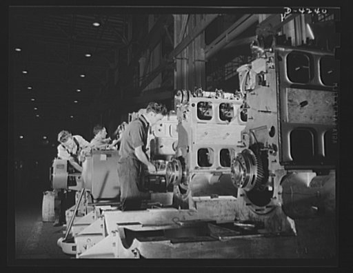Production. Diesel engines. Assembling the drive ends of diesel engines being made for the Navy at a Midwest manufacturing plant