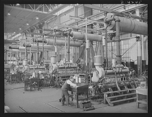 Production. Diesel engines. General view of the engine testing department at a Midwest plant producing diesel engines for the Navy
