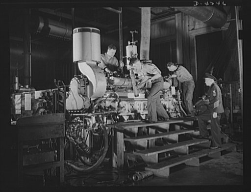 Production. Diesel engines. A diesel engine, produced for the Navy at a Midwest manufacturing plant, is prepared for testing under Navy supervision