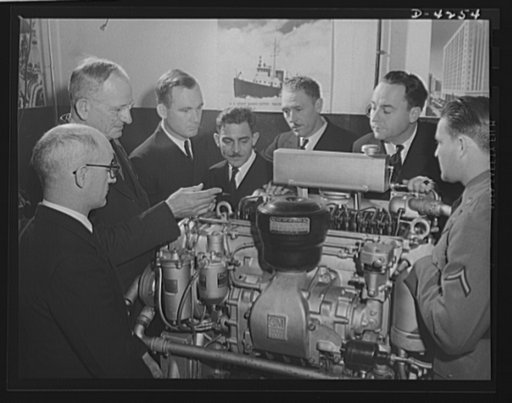 Production. Diesel engines. Naval officers are instructed in diesel engine operation at a Midwest manufacturing plant