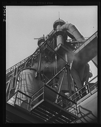 Steel production. The gas main and gas valve chambers of a blast furnace serve important purposes in the production of iron for steel making. Carnegie-Illinois Steel Corporation. Farrell, Pennsylvania