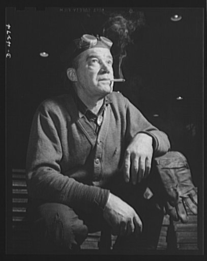 Tank armor production. Carnegie-Illinois Steel Corporation. Farrell, Pennsylvania. A few minutes of well-earned rest for a strong, capable man. His work in an Eastern armor plate mill is an important contribution to America's war production drive
