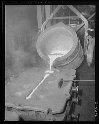Production. Milling machines and machine castings. We are inclined to compare all liquids with water. Iron trickles through little channels with a speed that makes water look sluggish -- a surprising thing until you realize that, molten or not, it's still heavy as iron. Location: a large Midwest mac