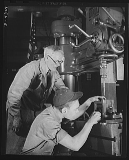 Production. Milling machines and machine castings. Skilled men must be painstakingly manufactured just as machine tools are by the sure method of master and apprentice working together. Location: a large Midwest tool plant