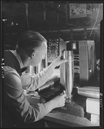 Conversion. Auto parts to artillery shells. Finished artillery shells are carefully gauged to ensure perfectly uniform ammunition for our fighting men. A converted Midwest auto plant is now producing these shells as efficiently as it turned out parts for automobiles